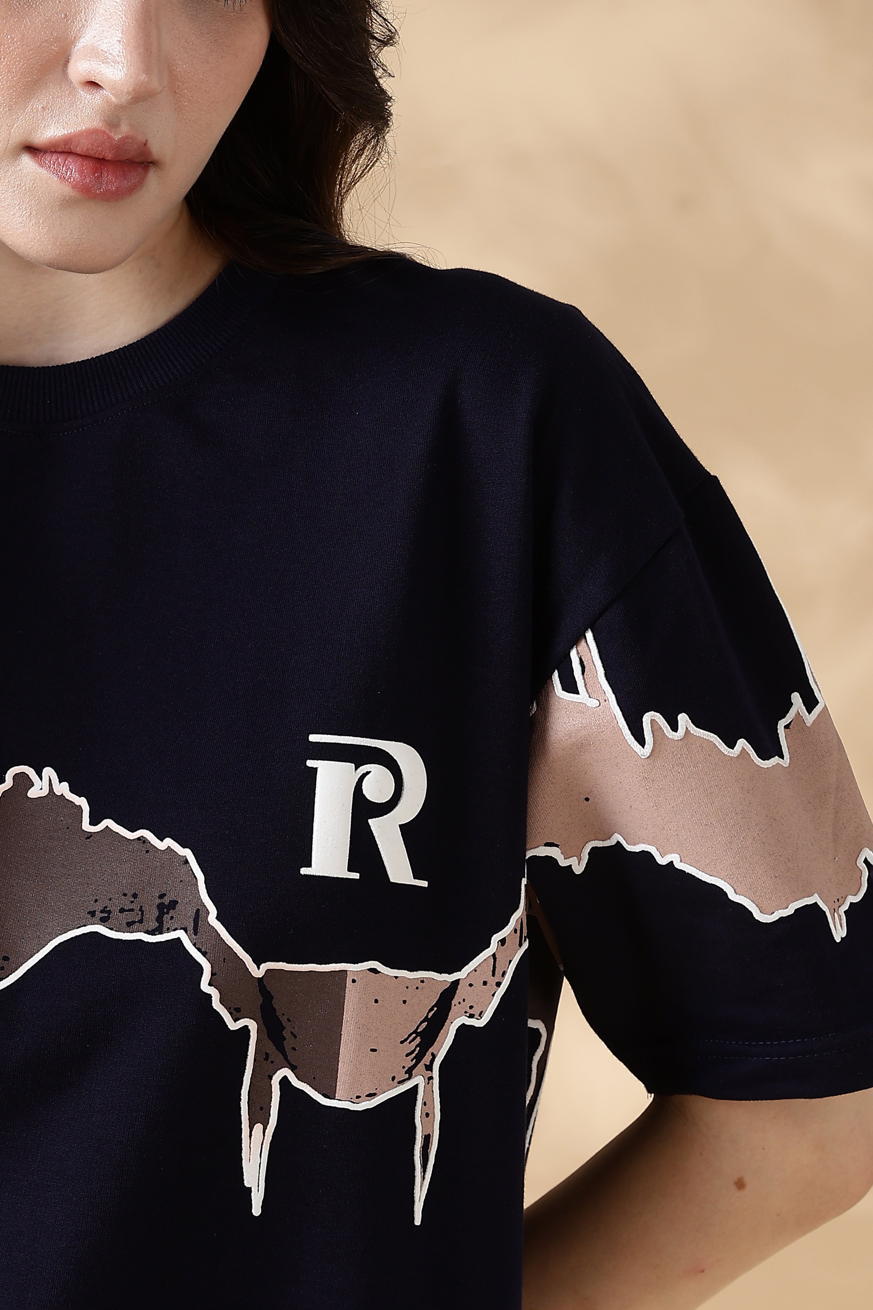 Reverie Navy Blue Puff & Screen Print T-Shirt