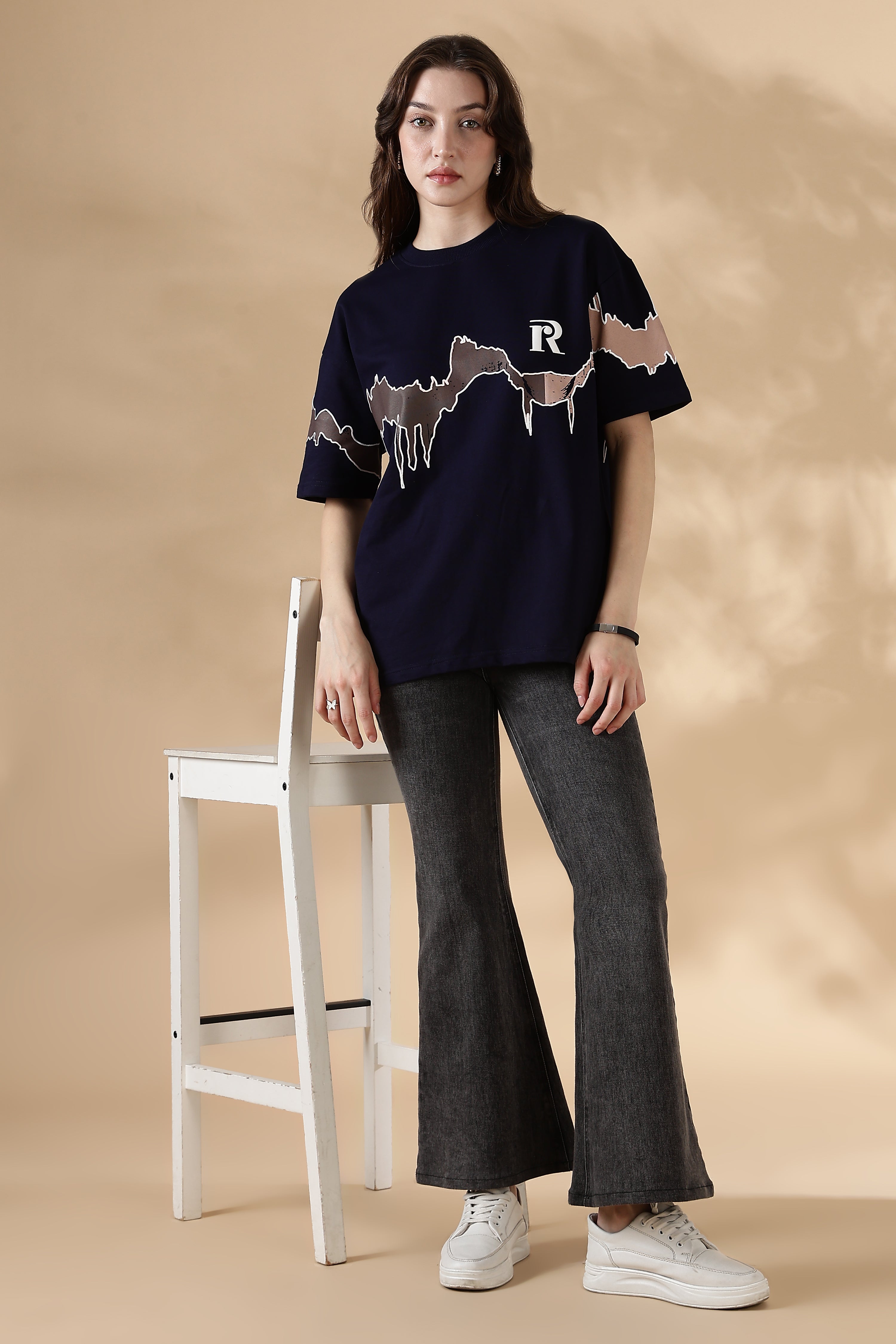 Reverie Navy Blue Puff & Screen Print T-Shirt
