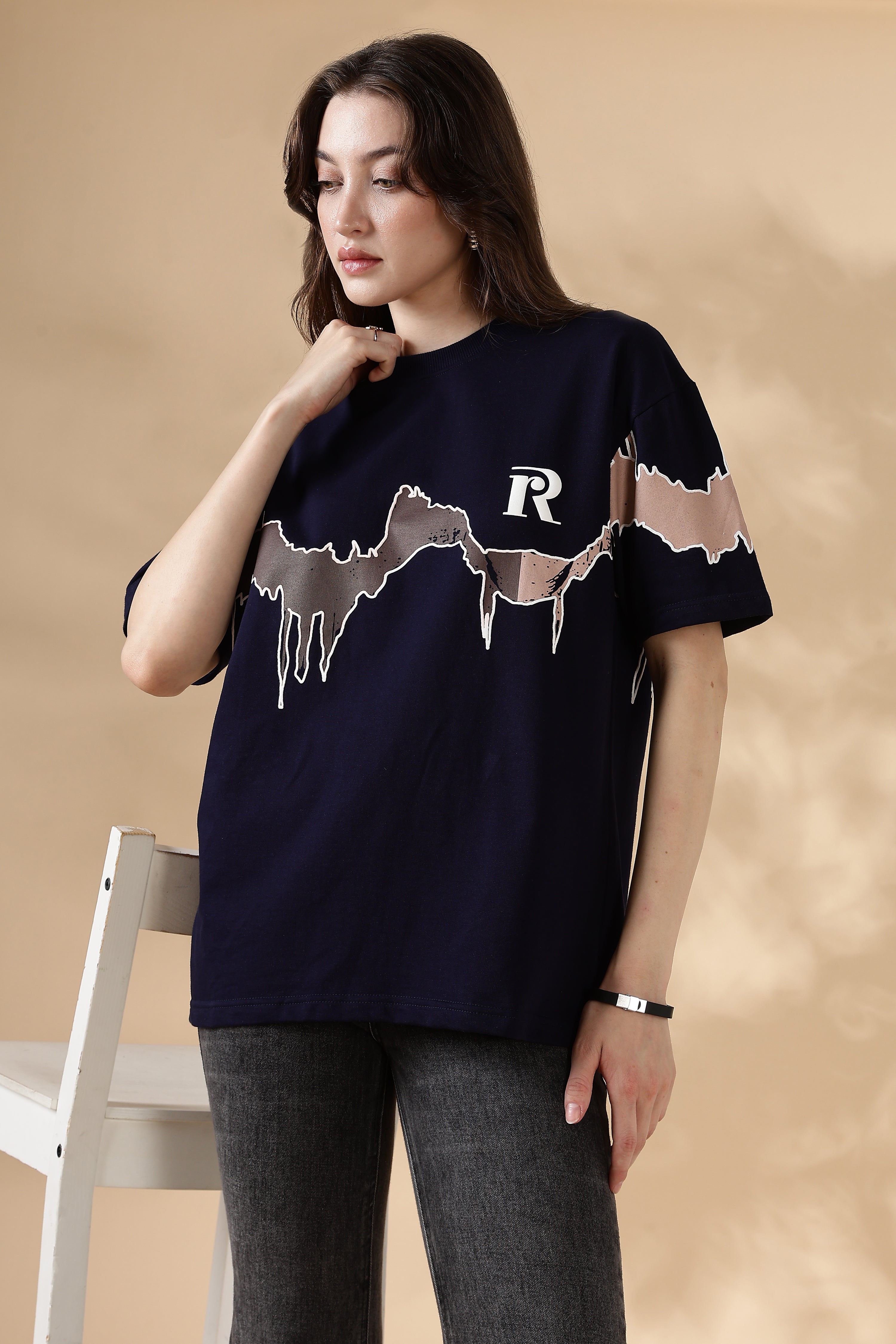 Reverie Navy Blue Puff & Screen Print T-Shirt